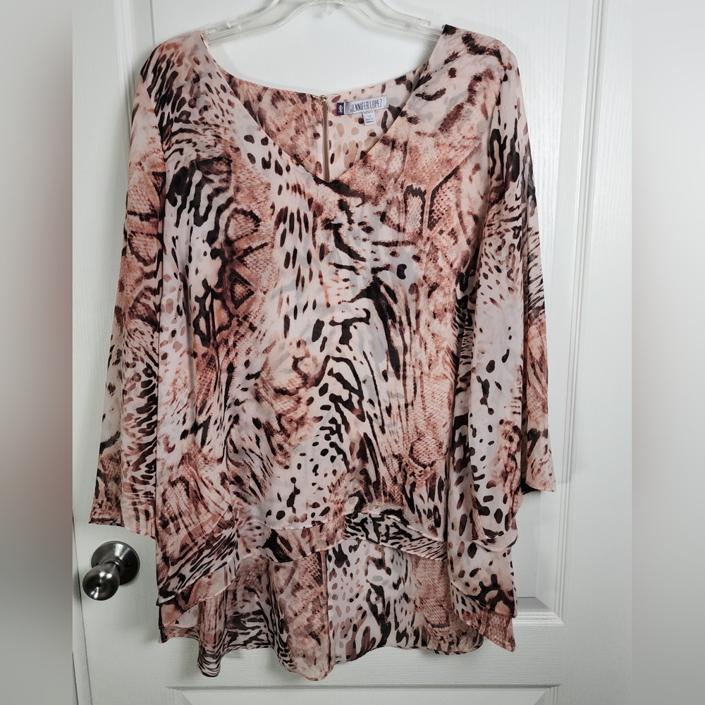 Womens Jennifer Lopez Animal Print Sheer Top Size 1X Multi Color